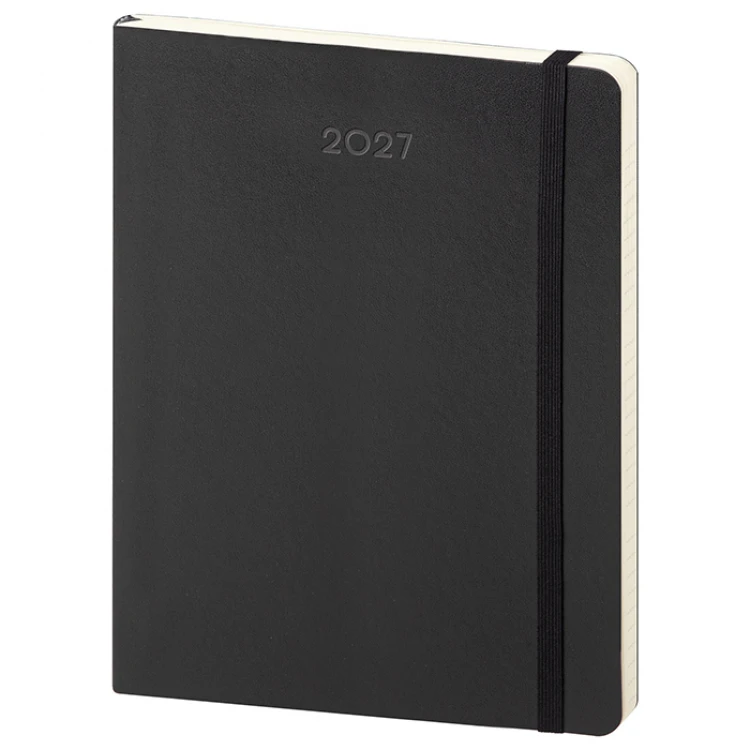Agenda settimanale Calamus Black in carta avorio, formato chiuso 19x25 cm, con pagine bilingue e area per personalizzazione con logo