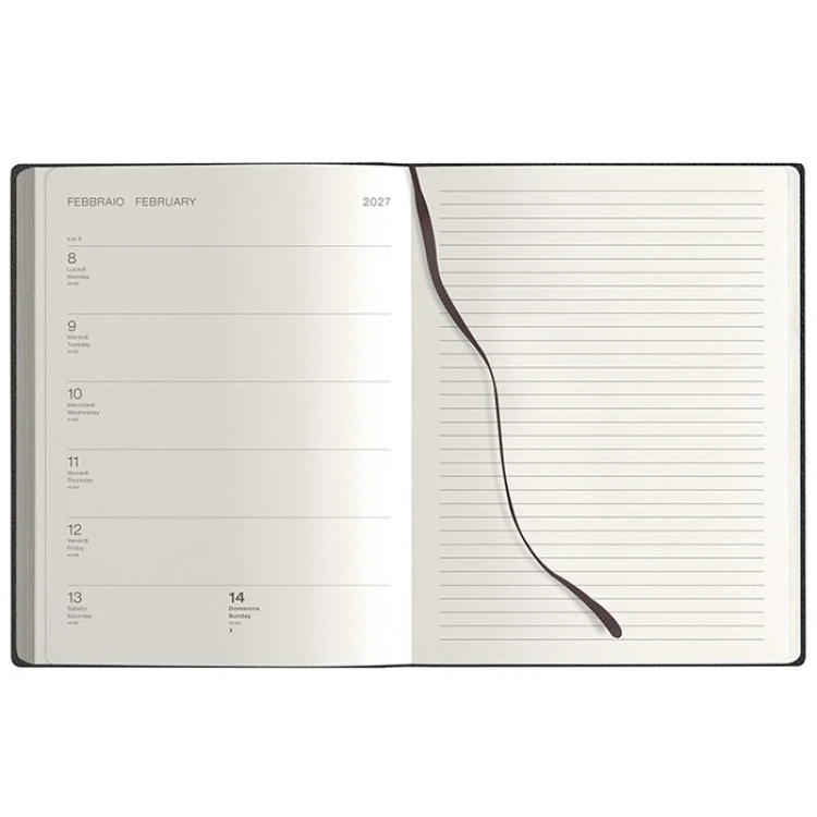 Agenda settimanale Calamus Black in carta avorio, formato chiuso 19x25 cm, con pagine bilingue e area per personalizzazione con logo