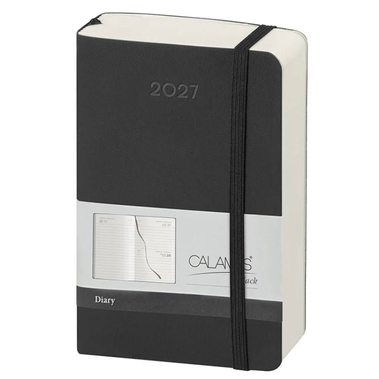 Agenda giornaliera Calamus Black 9x14 cm chiusa con elastico, vista frontale