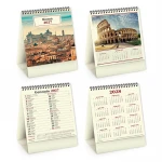 Calendario da tavolo Roma mensile aperto con piedino in cartoncino avorio, pronto per personalizzazione con logo