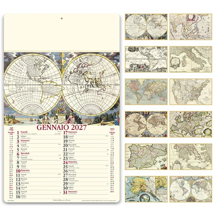 Calendario da parete Antiche Mappe, 12 fogli in carta avorio, testata rinforzata personalizzabile