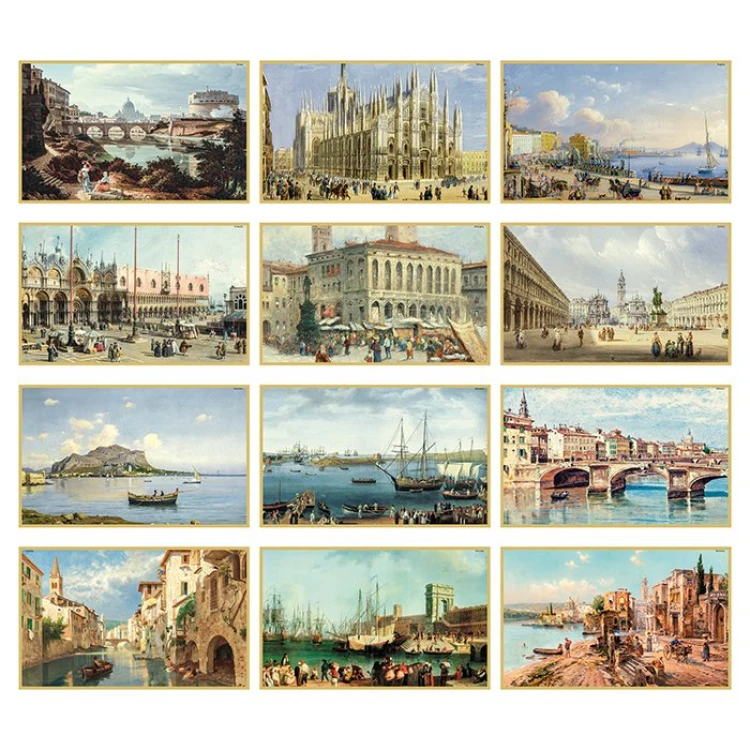 Calendario da parete illustrato tema Italia antica con 12 fogli in carta avorio e testata rinforzata, da personalizzare con logo
