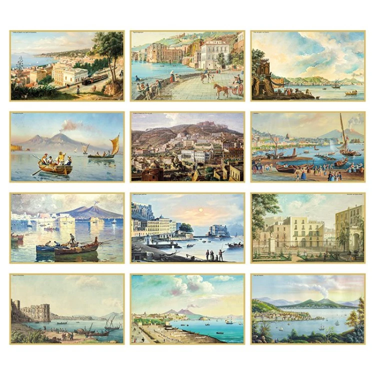 Calendario da parete Napoli antica con 12 fogli illustrati in carta avorio, testata personalizzabile