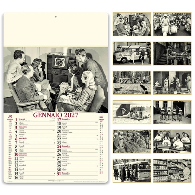 Calendario da parete mensile illustrato con testata personalizzabile, 12 fogli in carta avorio