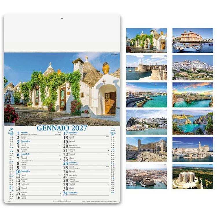 Calendario da parete Puglia con illustrazioni tematiche e testata cm 31x10 da personalizzare con logo