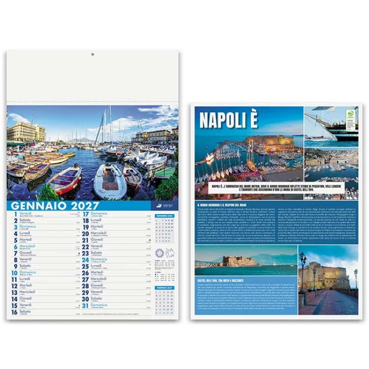 Calendario da parete Napule con 12 fogli mensili illustrati in carta patinata, testata 30x9 cm personalizzabile