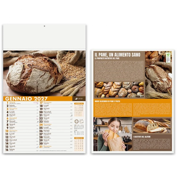 Calendario da parete illustrato Pane e Pasta con 12 fogli mensili in carta patinata, area di personalizzazione sulla testata superiore