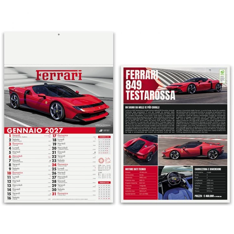 Calendario da parete con 12 fogli illustrati Auto Sportive e testata personalizzabile