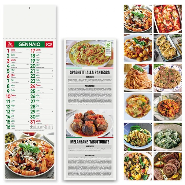 Illustrierter Wandkalender mit Gastronomie-Motiv, 12 Blatt aus 70 g gestrichenes Papier, personalisierbar mit Logo
