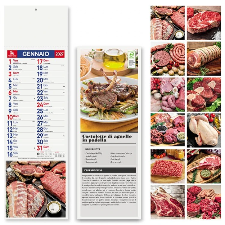 Wandkalender mit Fleisch-Silhouetten-Motiv, 12 Monatsblätter, personalisierbare Druckfläche in der Kopfzeile