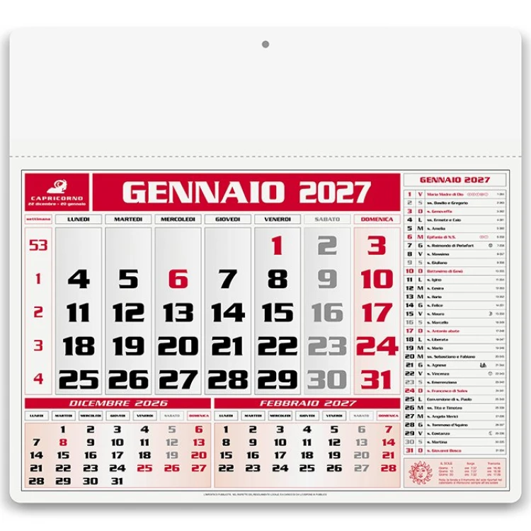 Calendario da parete Americano da personalizzare con logo, carta naturale 70 g, 12 fogli mensili con testata rinforzata