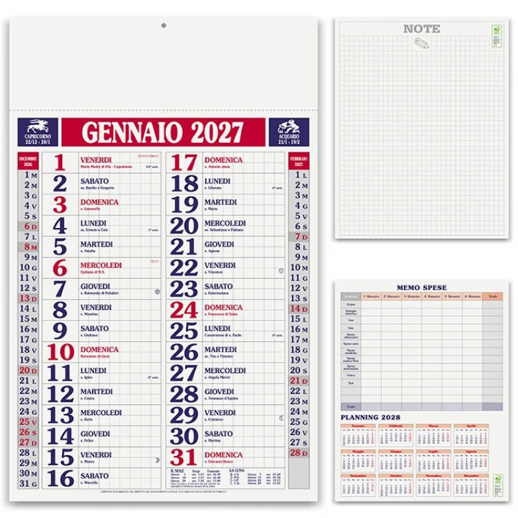 Calendario da parete quadrettato in carta patinata con testata termosaldata, disponibile in ampia gamma di colori