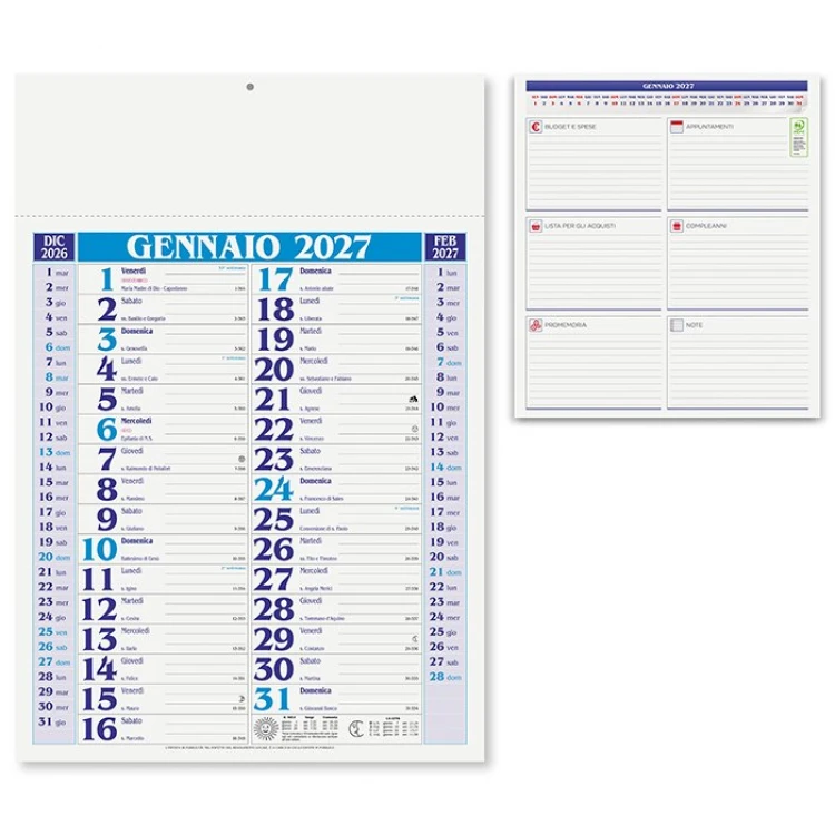 Calendario da parete medium con 12 fogli in carta patinata e testata termosaldata da personalizzare con logo