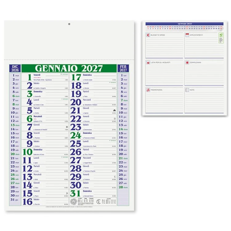 Calendario da parete medium con 12 fogli in carta patinata e testata termosaldata da personalizzare con logo