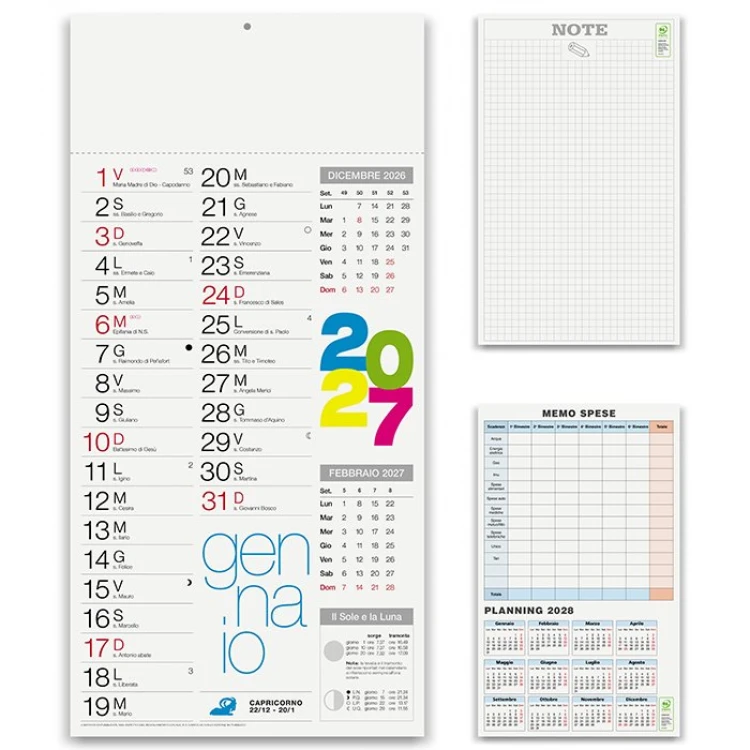 Calendario da parete modello shaded con 12 fogli in carta patinata, testata termosaldata e area di personalizzazione sulla fascia superiore