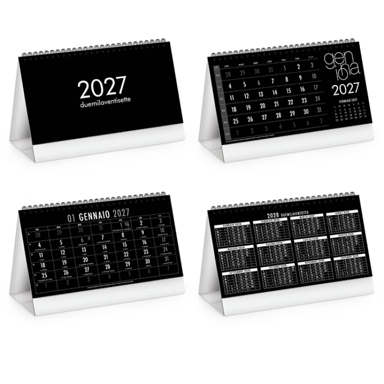 Calendario da tavolo spiralato Table Black con 13 fogli bianchi e supporto rigido, pronto per personalizzazione con logo aziendale