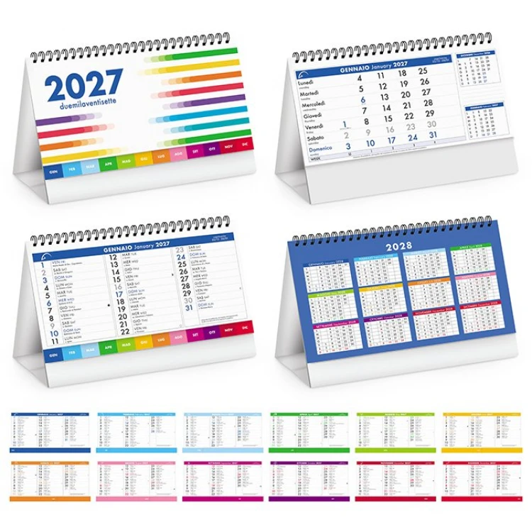Calendario da tavolo spiralato con 13 fogli in carta patinata e supporto in cartoncino bianco