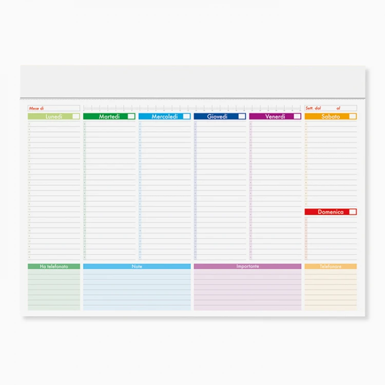 Mini planning multicolor da scrivania con 52 fogli settimanali, disponibile in versione neutra o da personalizzare con logo