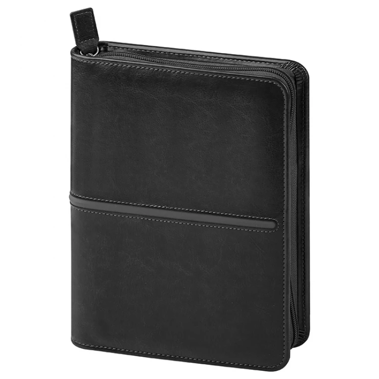 Black diary briefcase in polyurethane with zip closure, perpetual inside pages, ready for personalisation with corporate logo