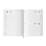 Agenda diária em tam, formato 15x21, capa flexível em cores variadas, aberta mostrando o interior intercambiável
