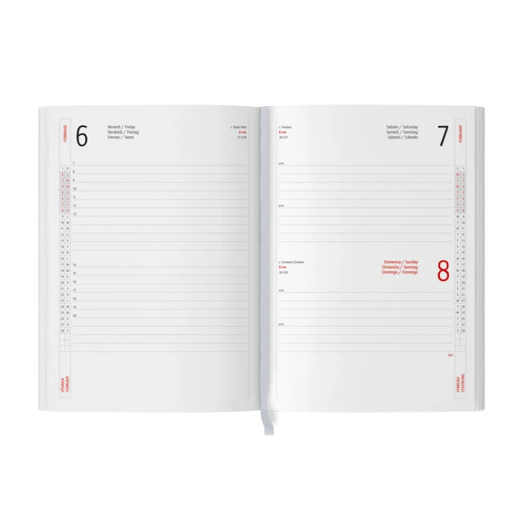 Agenda diária em tam, formato 15x21, capa flexível em cores variadas, aberta mostrando o interior intercambiável