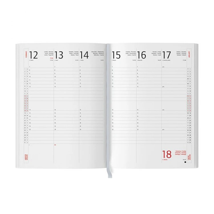 Agenda portafoglio settimanale chiusa con interno settimanale visibile, dettagli di chiusura a fibbia e tasche interne