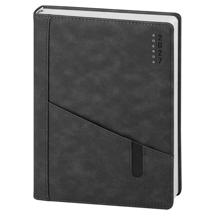 Agenda giornaliera chiusa 15x21 cm in carta bianca con quadranti imbottiti e tasche anteriori