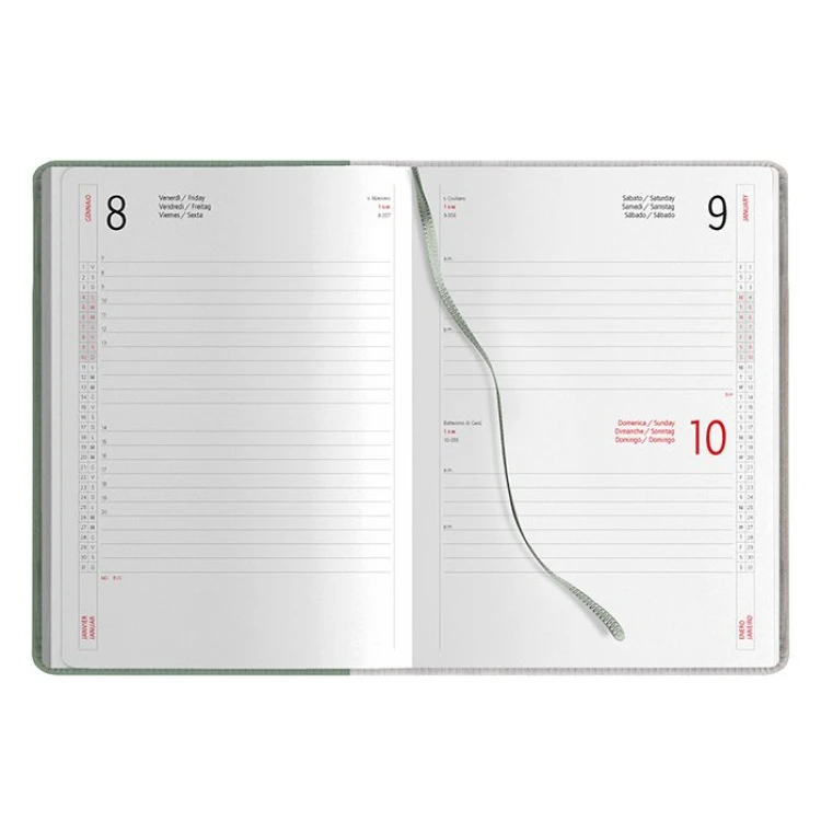 Agenda diária em poliuretano termoformado com fecho magnético, formato 15×21 cm fechada, para personalizar com logótipo