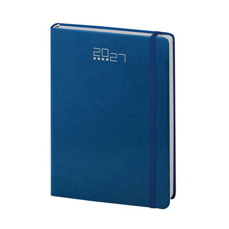 Agenda settimanale in poliuretano con copertina rigida e elastico in tinta, pagine multilingue e segnapagine da personalizzare con logo