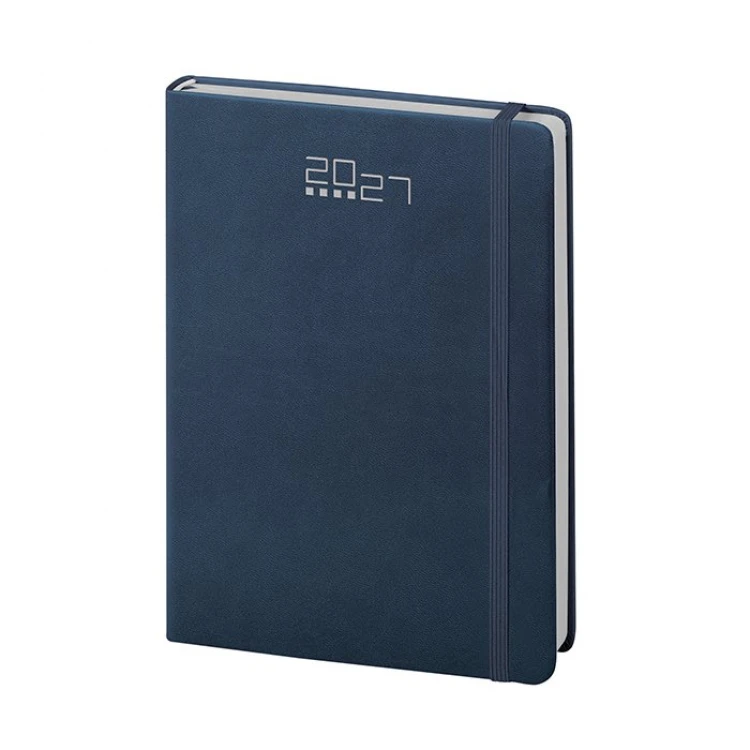 Agenda settimanale in poliuretano con copertina rigida e elastico in tinta, pagine multilingue e segnapagine da personalizzare con logo