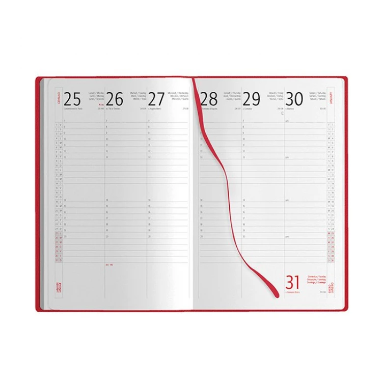 Agenda settimanale in poliuretano con copertina rigida e elastico in tinta, pagine multilingue e segnapagine da personalizzare con logo
