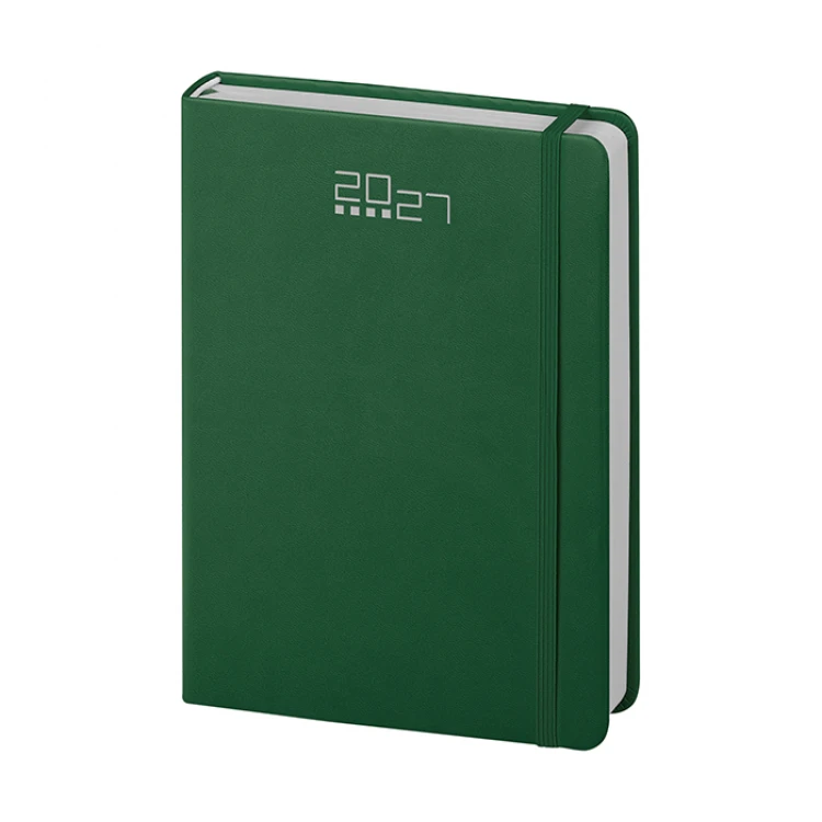 Agenda giornaliera in poliuretano con interni giornalieri e elastico in tinta da personalizzare con logo