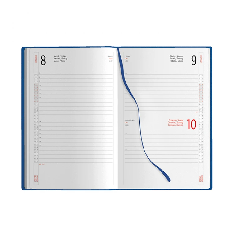 Agenda giornaliera in poliuretano con interni giornalieri e elastico in tinta da personalizzare con logo
