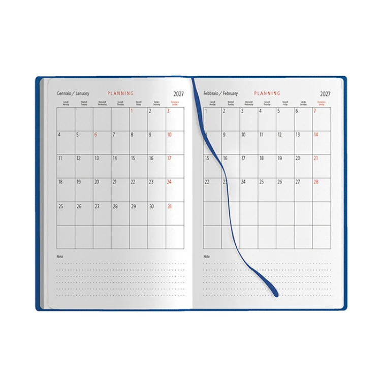 Agenda giornaliera in poliuretano con interni giornalieri e elastico in tinta da personalizzare con logo