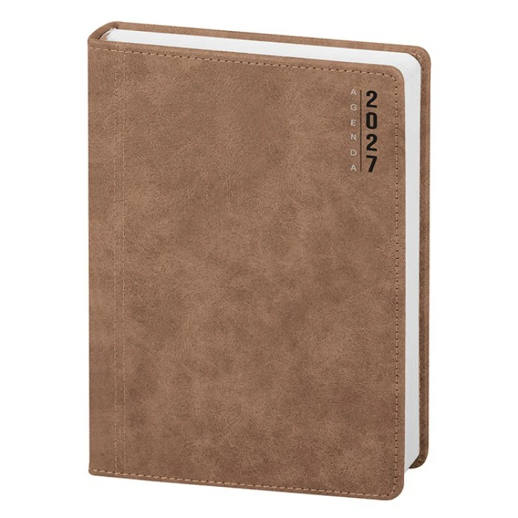 Agenda giornaliera con copertina in poliuretano e pagine interne multilingue, pronta per personalizzazione con logo