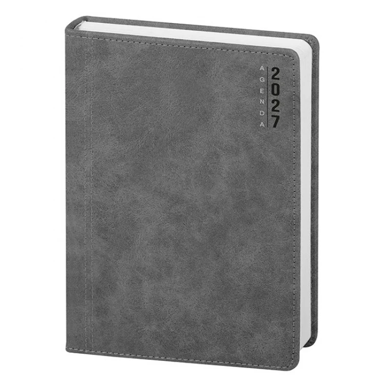 Agenda giornaliera con copertina in poliuretano e pagine interne multilingue, pronta per personalizzazione con logo