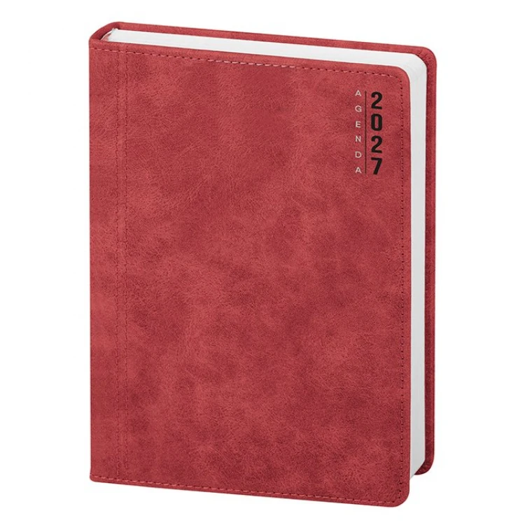 Agenda giornaliera con copertina in poliuretano e pagine interne multilingue, pronta per personalizzazione con logo