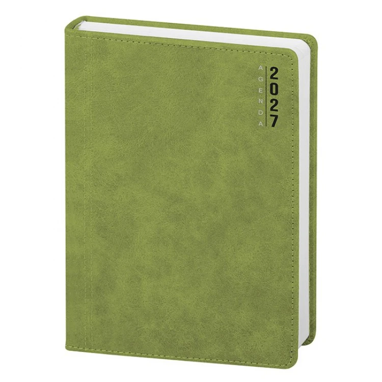 Agenda giornaliera con copertina in poliuretano e pagine interne multilingue, pronta per personalizzazione con logo