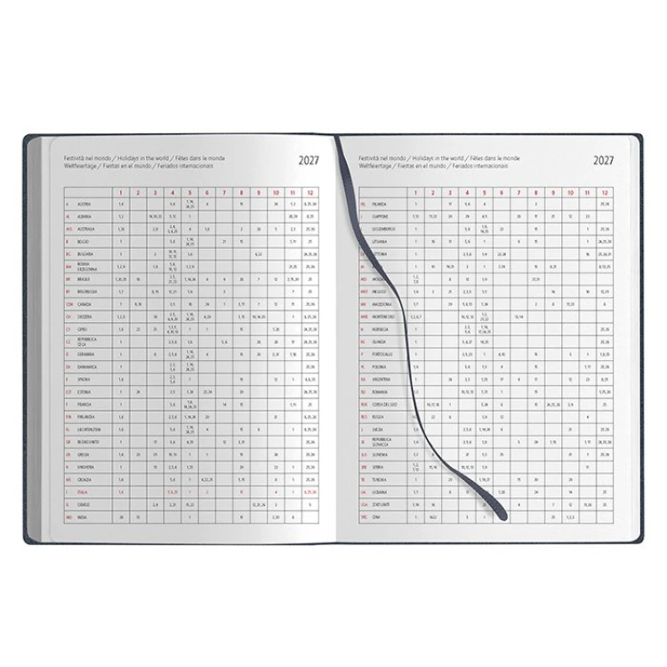 Agenda giornaliera con copertina in poliuretano e pagine interne multilingue, pronta per personalizzazione con logo