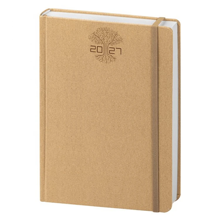 Agenda giornaliera chiusa con copertina in carta naturale, elastico di chiusura, formato 15x21 cm