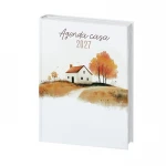 Agenda de casa aberta mostrando páginas diárias, formato 15x21 cm, construção em cartão acolchoado