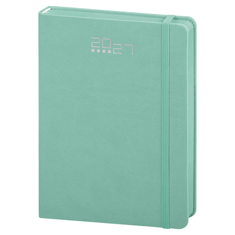 Agenda diária em poliuretano com elástico de fecho, 14,5×21 cm, encadernação com corte colorido, pronta para personalização