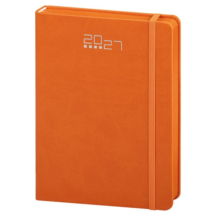 Agenda diária em poliuretano com elástico de fecho, 14,5×21 cm, encadernação com corte colorido, pronta para personalização