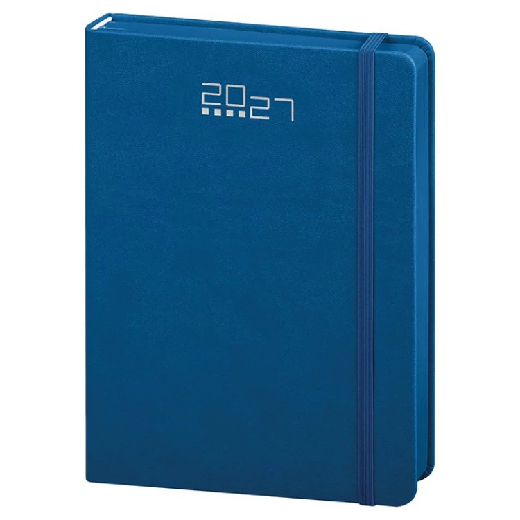 Agenda diária em poliuretano com elástico de fecho, 14,5×21 cm, encadernação com corte colorido, pronta para personalização
