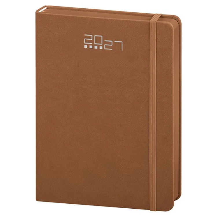 Agenda diária em poliuretano com elástico de fecho, 14,5×21 cm, encadernação com corte colorido, pronta para personalização