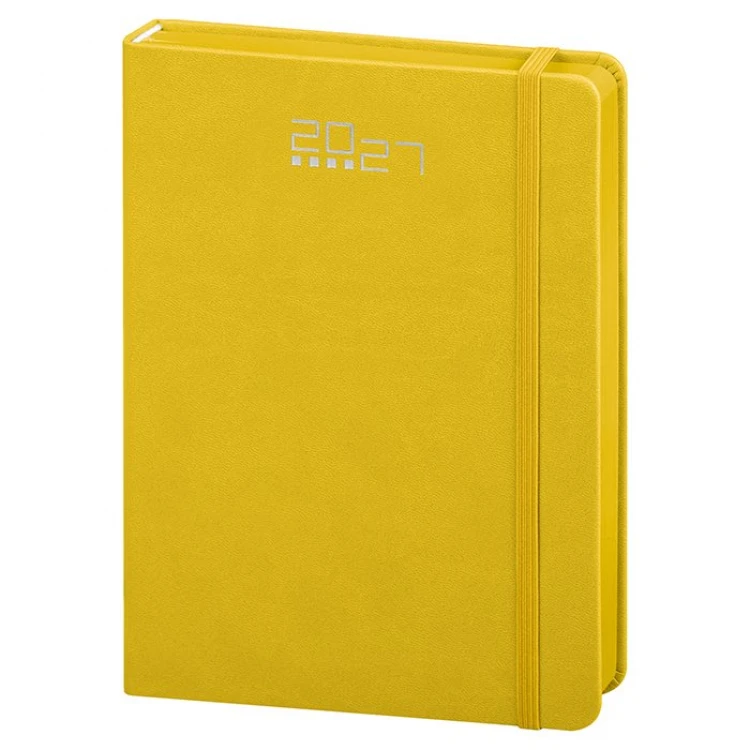 Agenda diária em poliuretano com elástico de fecho, 14,5×21 cm, encadernação com corte colorido, pronta para personalização