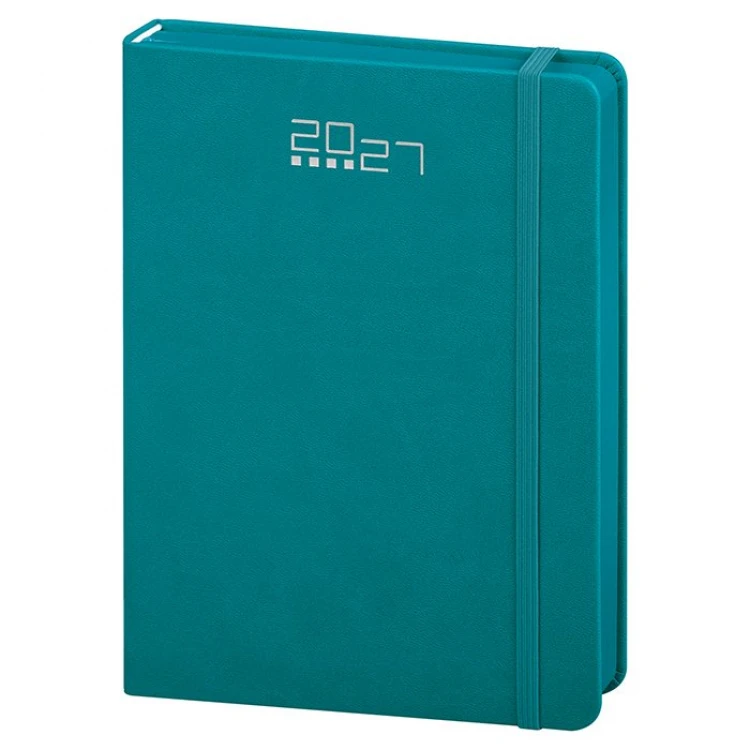 Agenda diária em poliuretano com elástico de fecho, 14,5×21 cm, encadernação com corte colorido, pronta para personalização