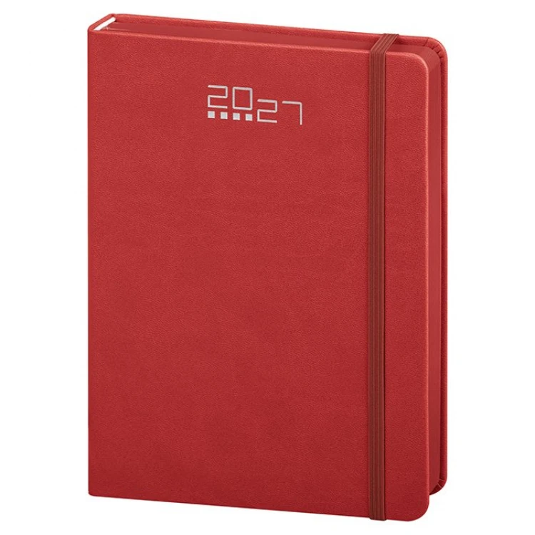 Agenda diária em poliuretano com elástico de fecho, 14,5×21 cm, encadernação com corte colorido, pronta para personalização