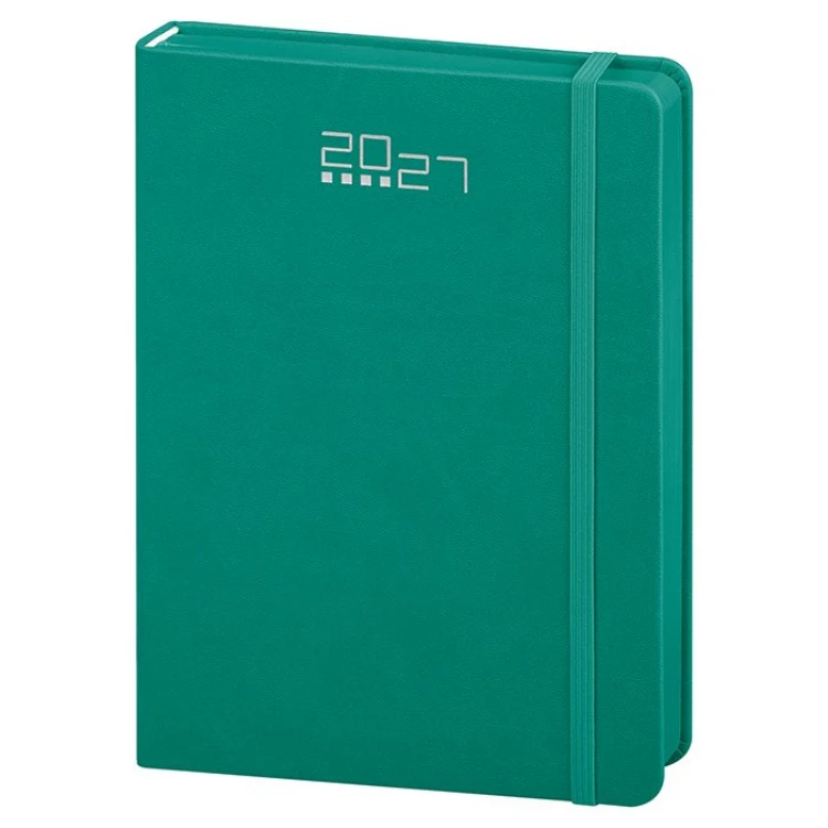 Agenda diária em poliuretano com elástico de fecho, 14,5×21 cm, encadernação com corte colorido, pronta para personalização