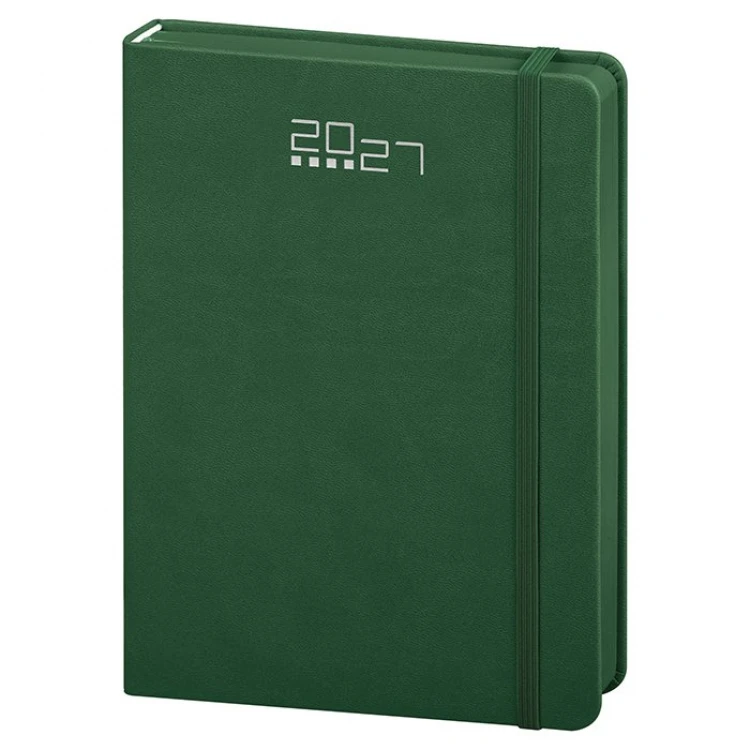 Agenda diária em poliuretano com elástico de fecho, 14,5×21 cm, encadernação com corte colorido, pronta para personalização